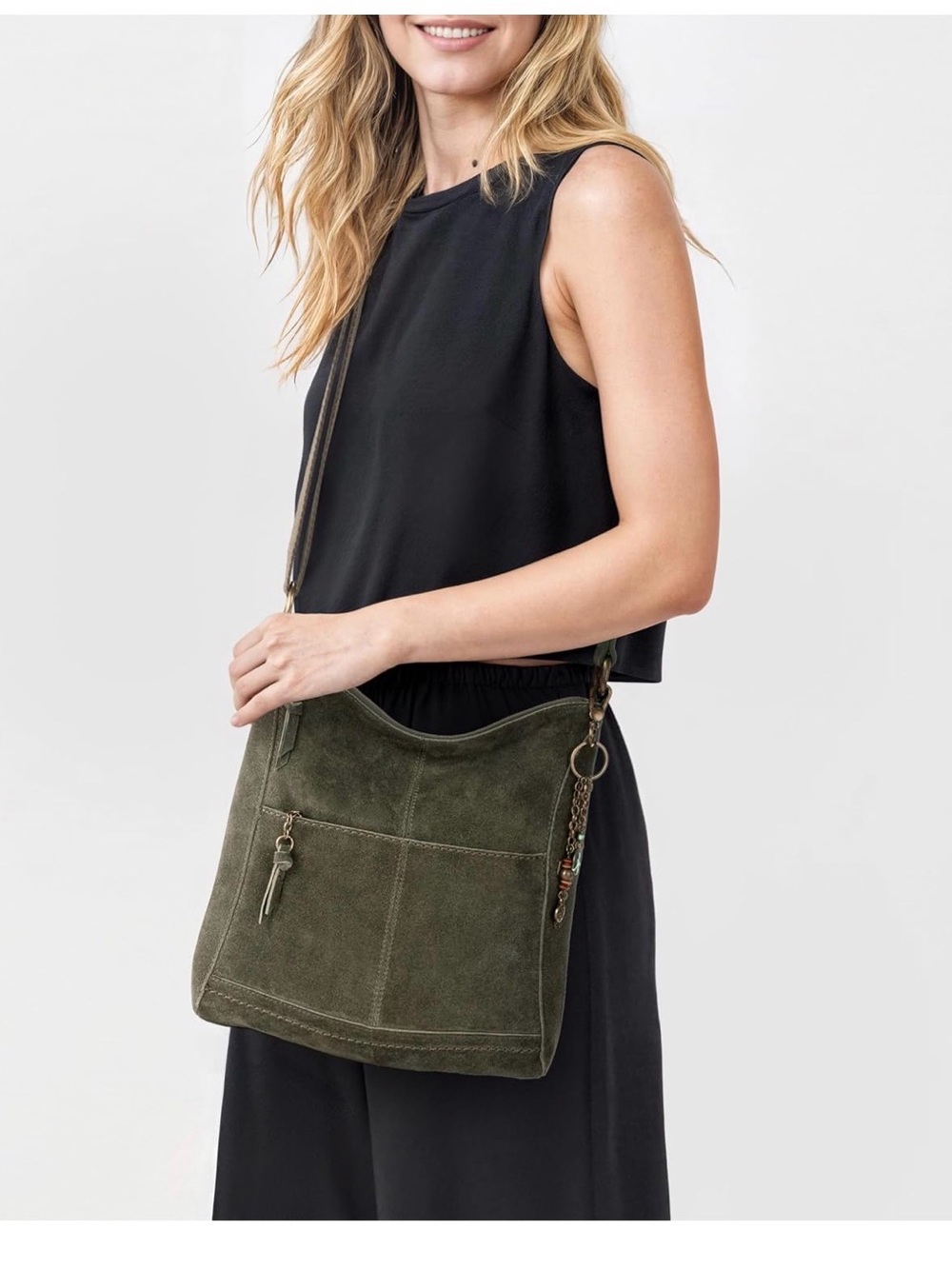 Suede Crossbody Shoulder Bag - Olive Green - Picture 2 of 13